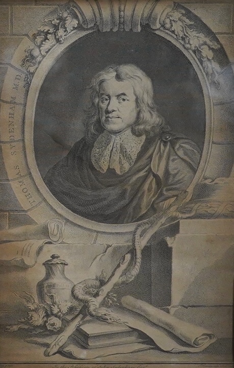 Two 18th century engravings, comprising after Peter Lely (1618-1680), Portrait of Thomas Sydenham, publ. London 1747 and another, Portrait of William Harvey, publ. London 1739, 37 x 23cm. Condition - poor